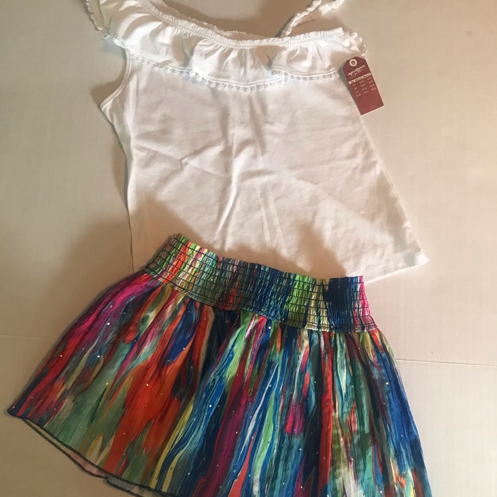 Rainbow skirt and White Frilly Tank top Girls 6